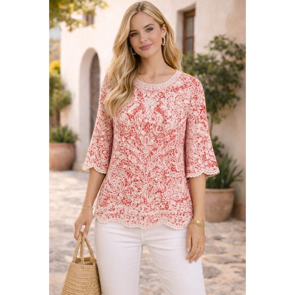 Solitaire Red & White Ornate Floral Blouse | Size M | Pre-Loved